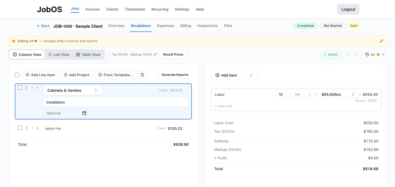 The JobOS estimator, showing a job broken into line items with labour hours, rate, tax, markup and a running total.